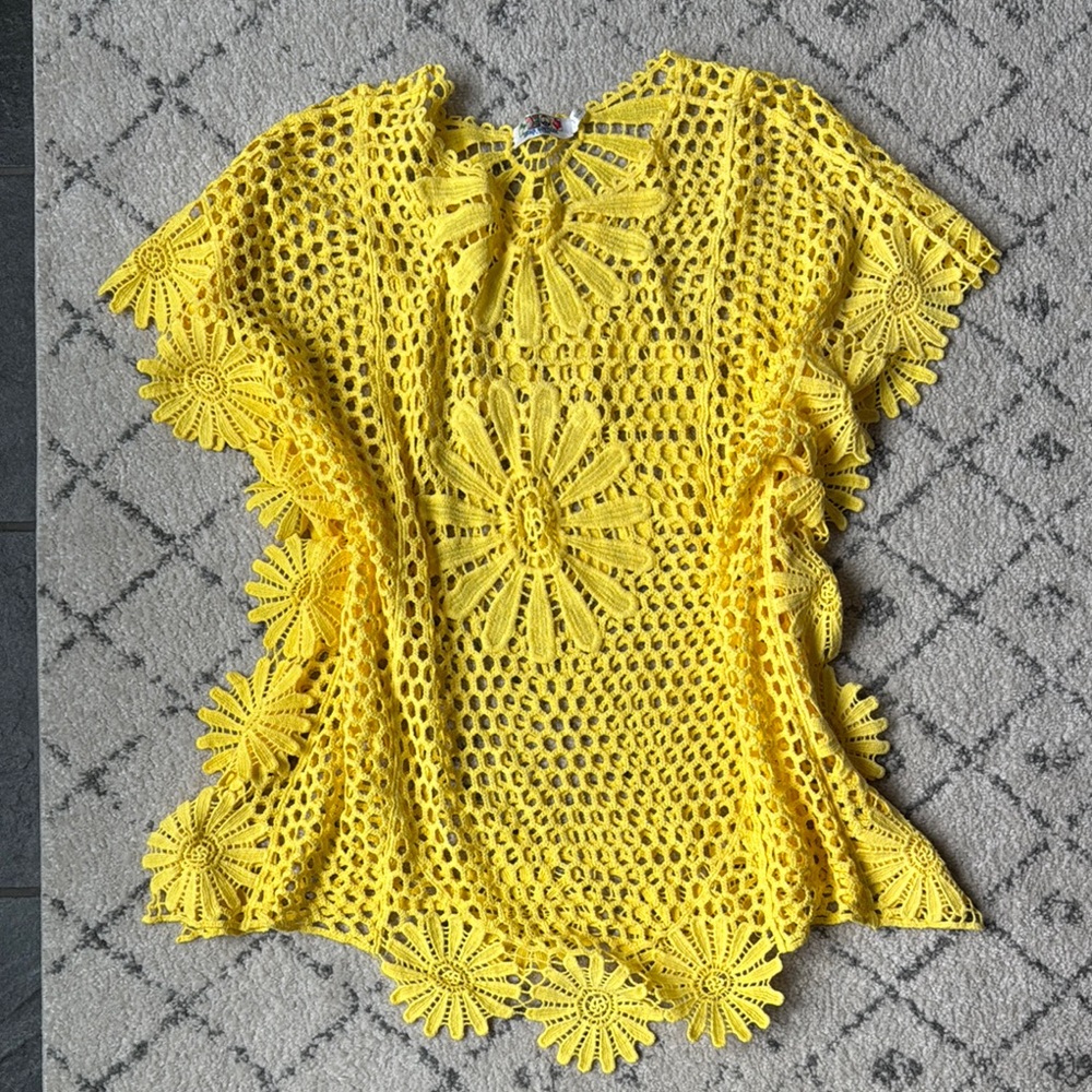 Vibrant Yellow Crochet Knit Swim Coverup Top Flower Design One Size